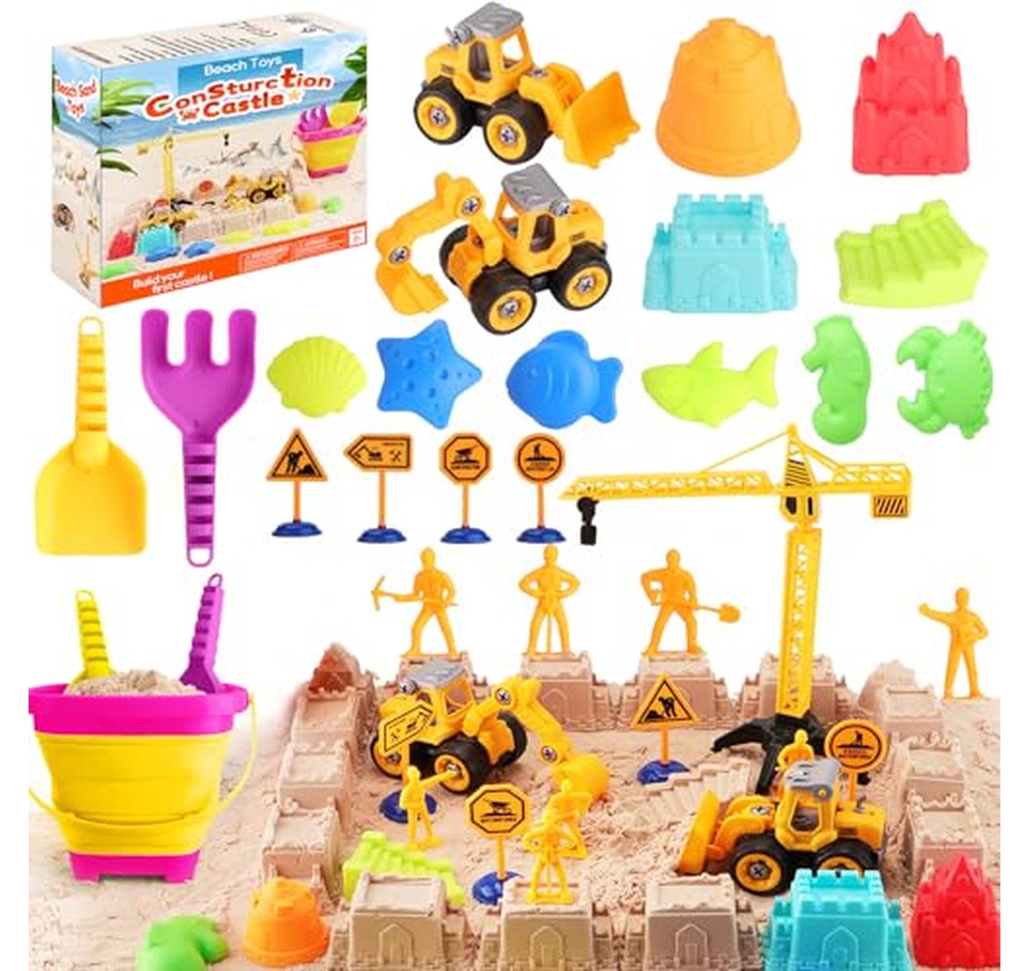 Beach Construction Sand Toys Set with Bucket and Trucks