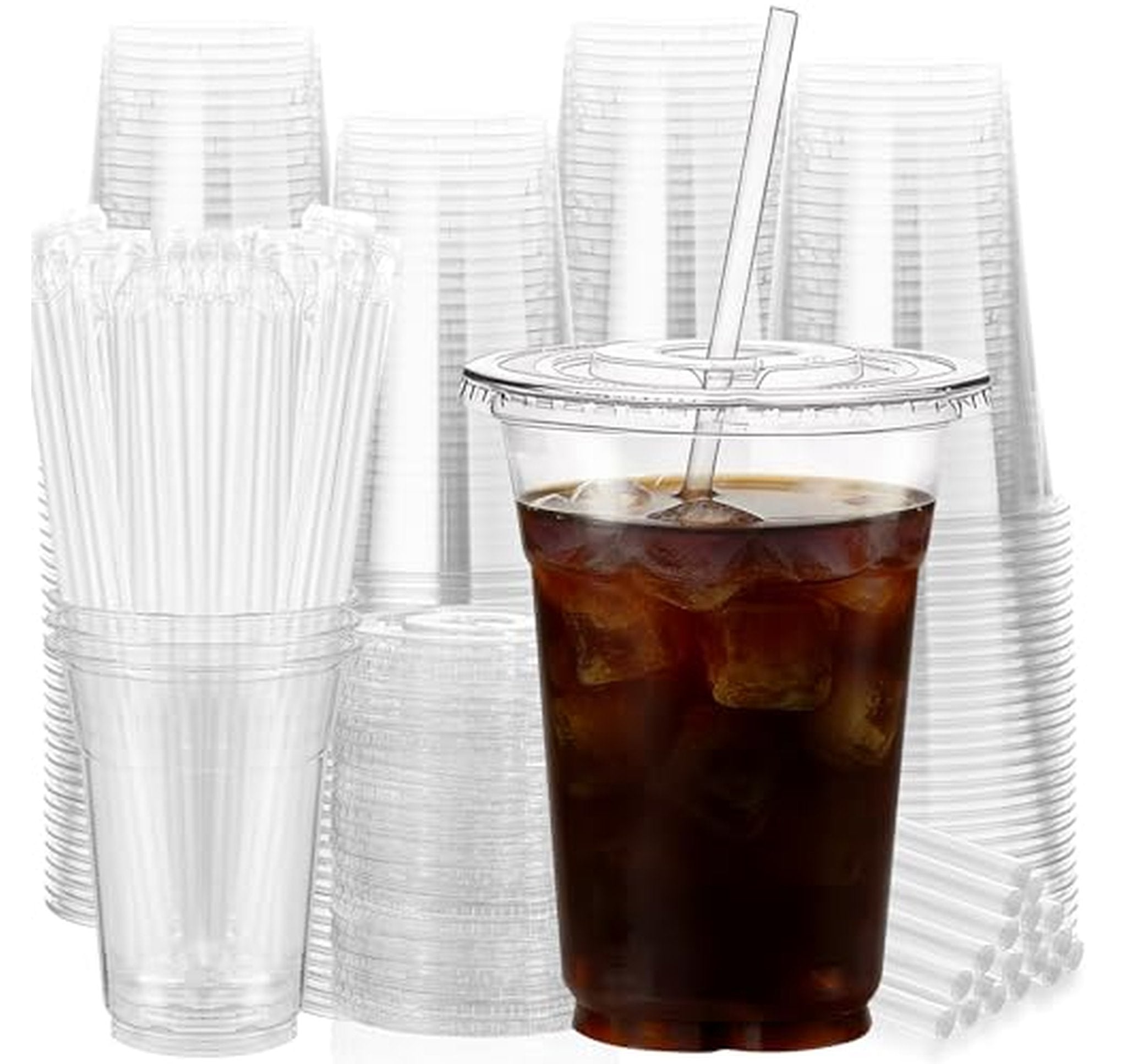 100 Pack 16 oz Plastic Cups with Lids and Straws