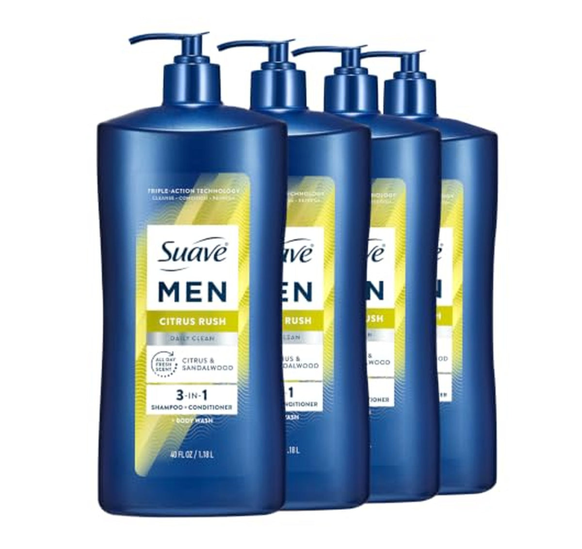 4 Pack Suave+ Men 3-in-1 Shampoo Body Wash