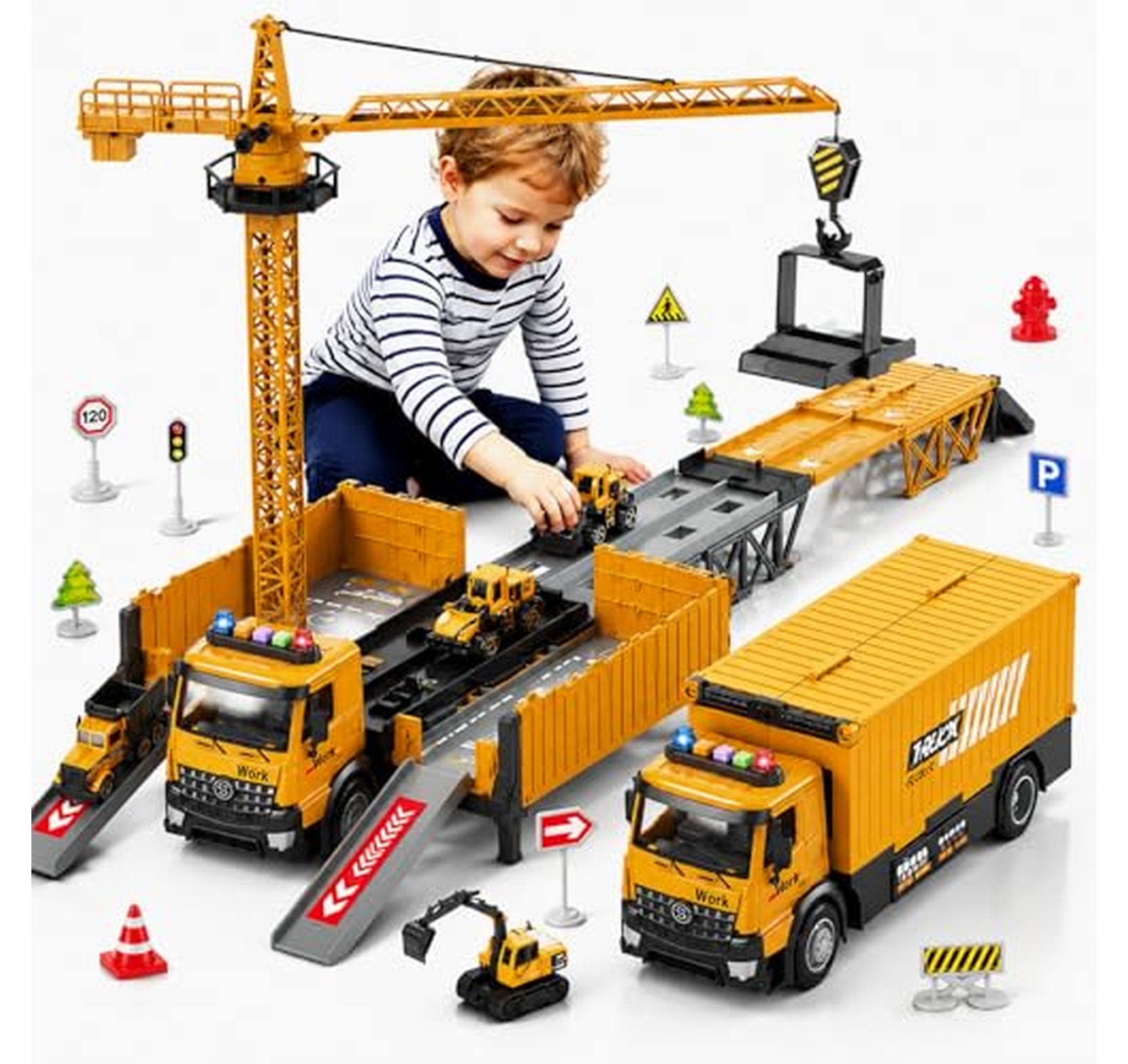 Truck Race Track Carrier Toy with Cars and Crane