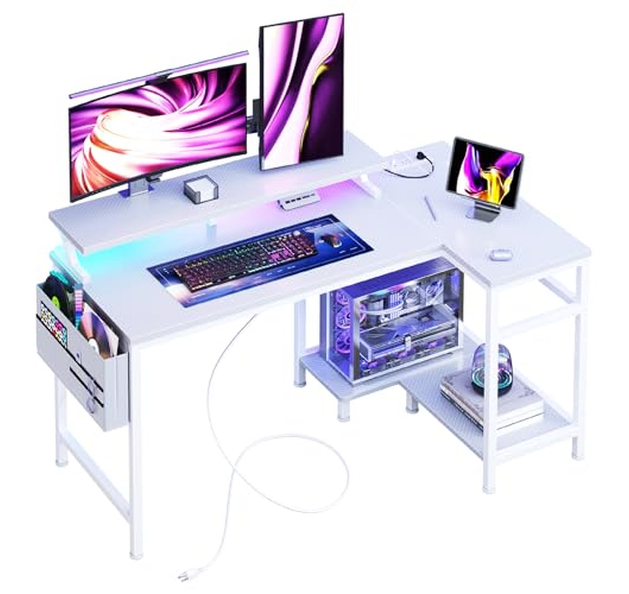 L Shaped Gaming Computer Desk with USB and Outlets