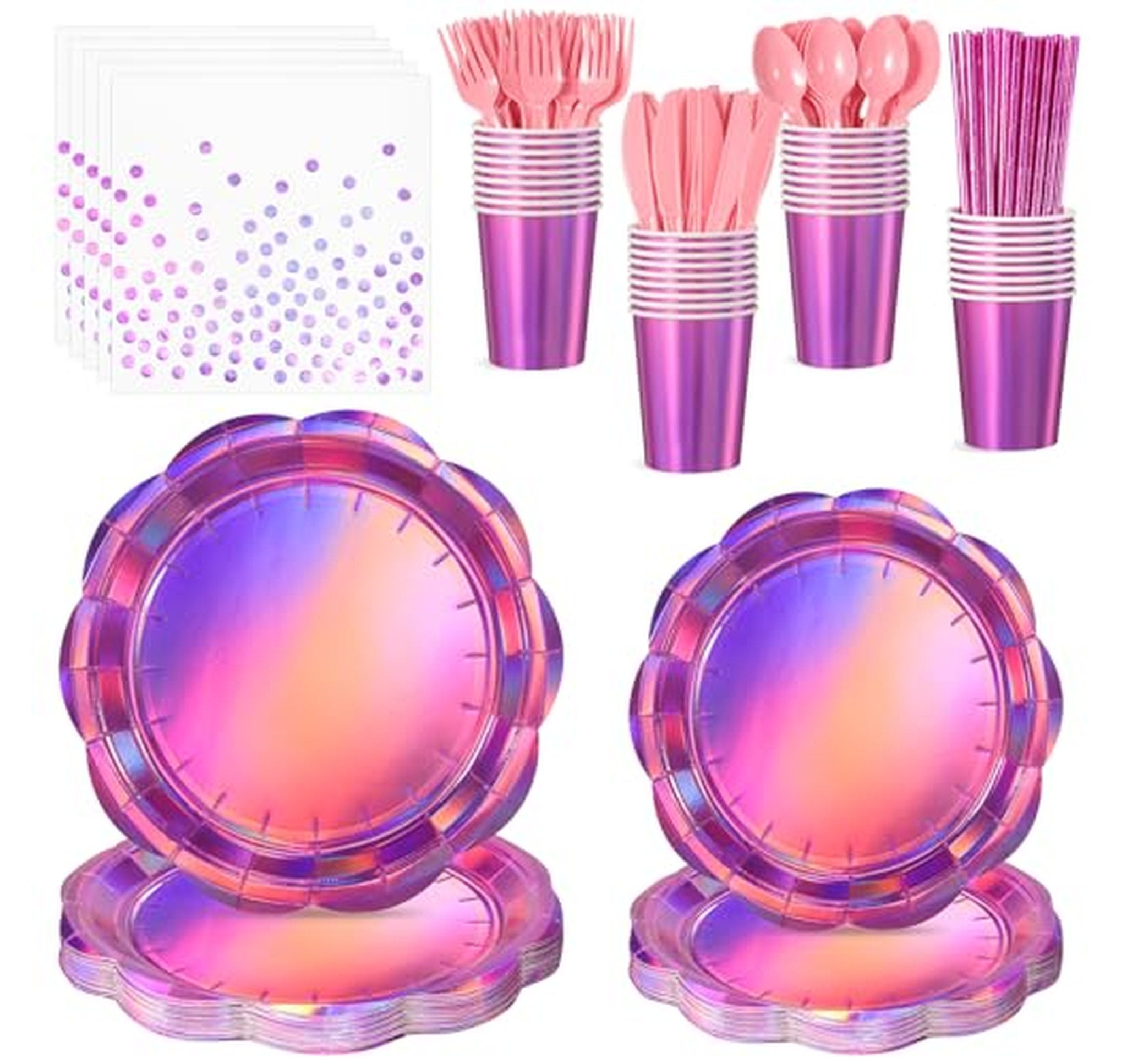 200 Count Iridescent Party Plates Napkins and Cups Set
