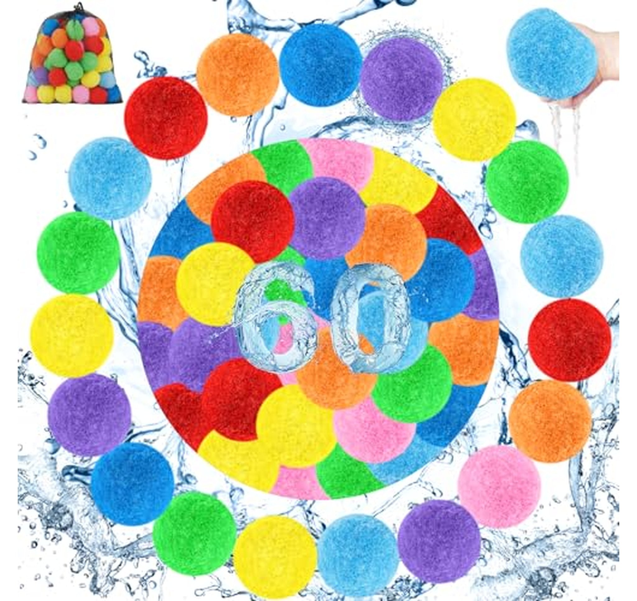 60 Pack Reusable Water Splash Balls with Mesh Bag