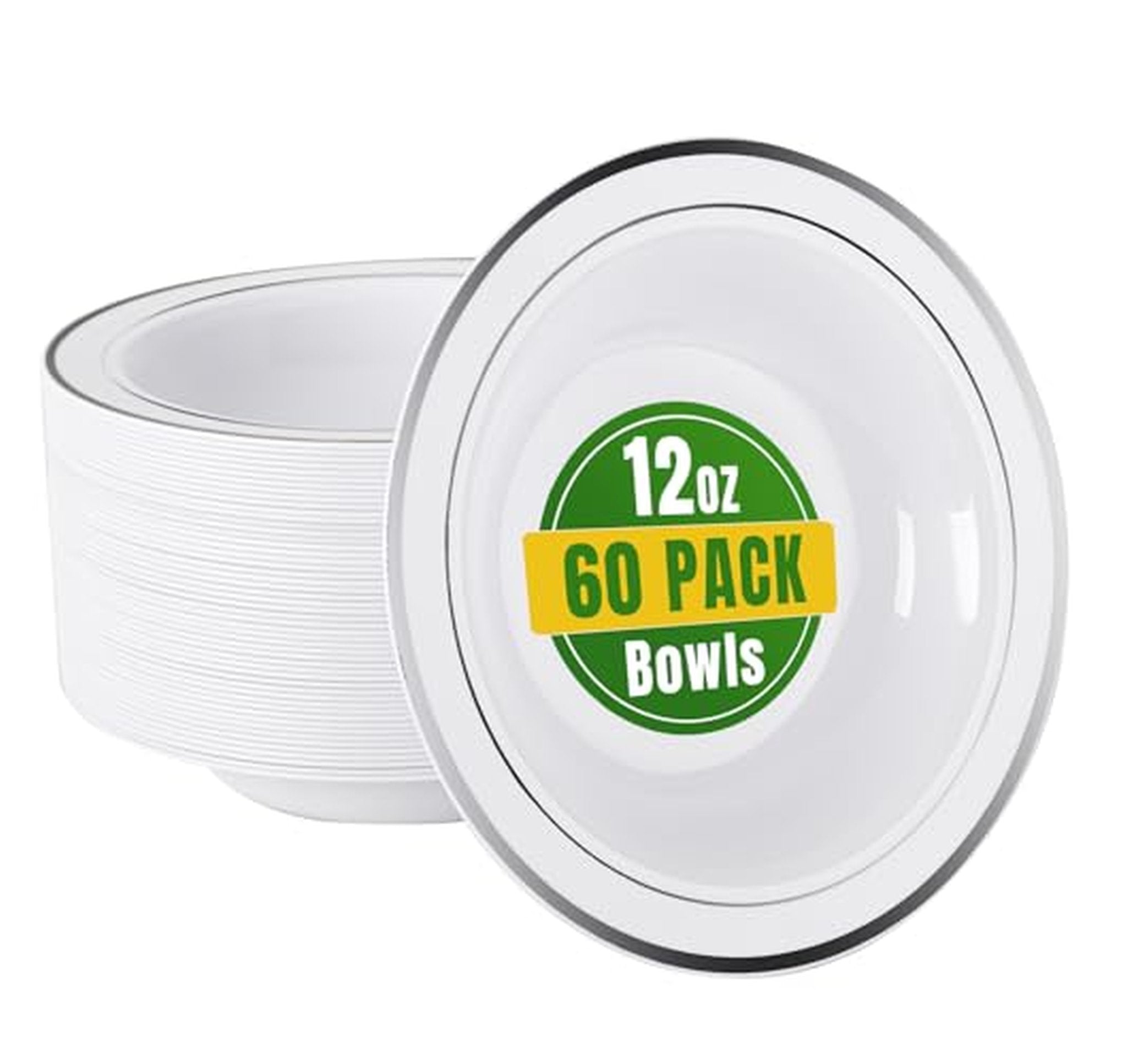 60 Pack 12 oz Plastic Bowls with Silver Rim