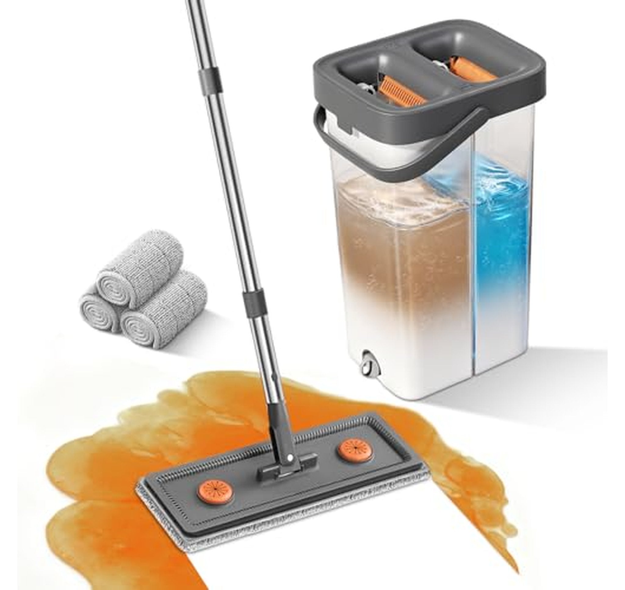 Flat Mop and Bucket Set with Built-In Wringer