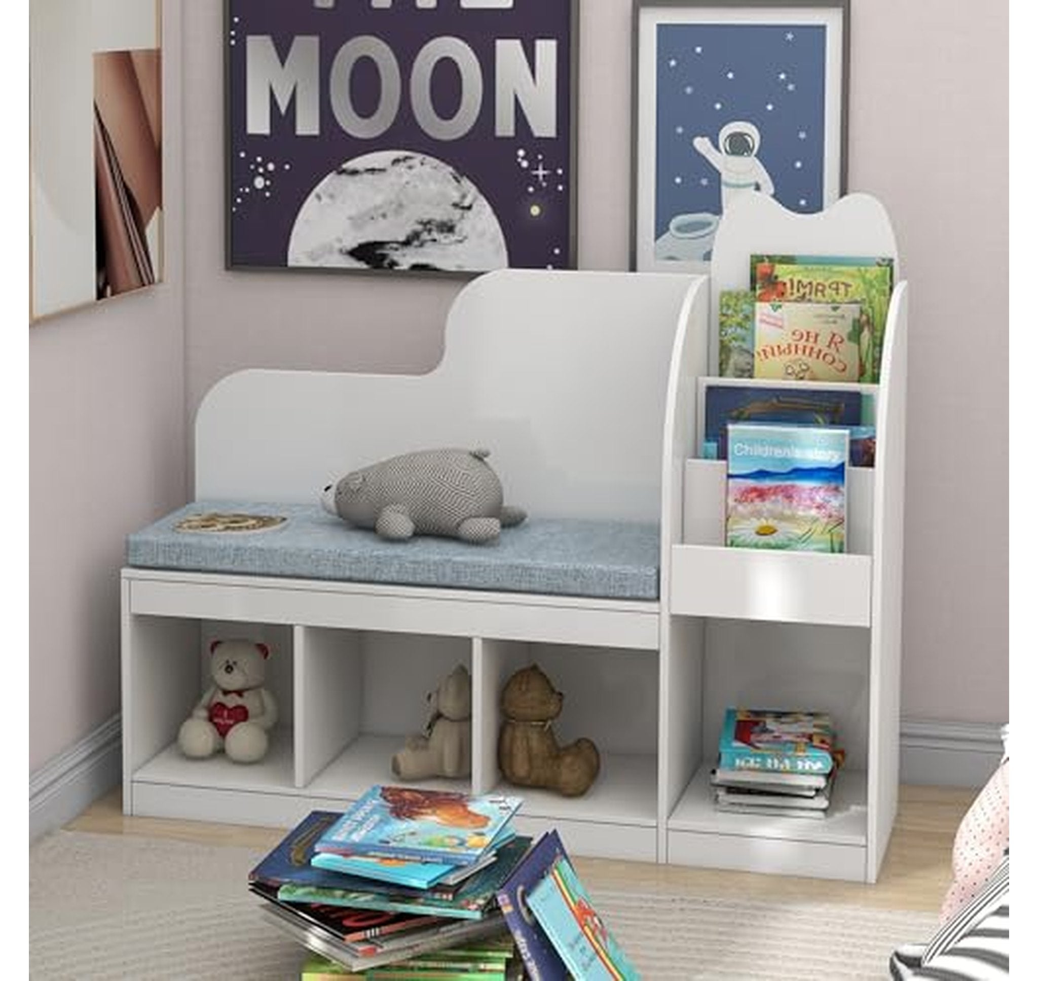 Kids Reading Nook Bench with Bookshelf Storage Cubes