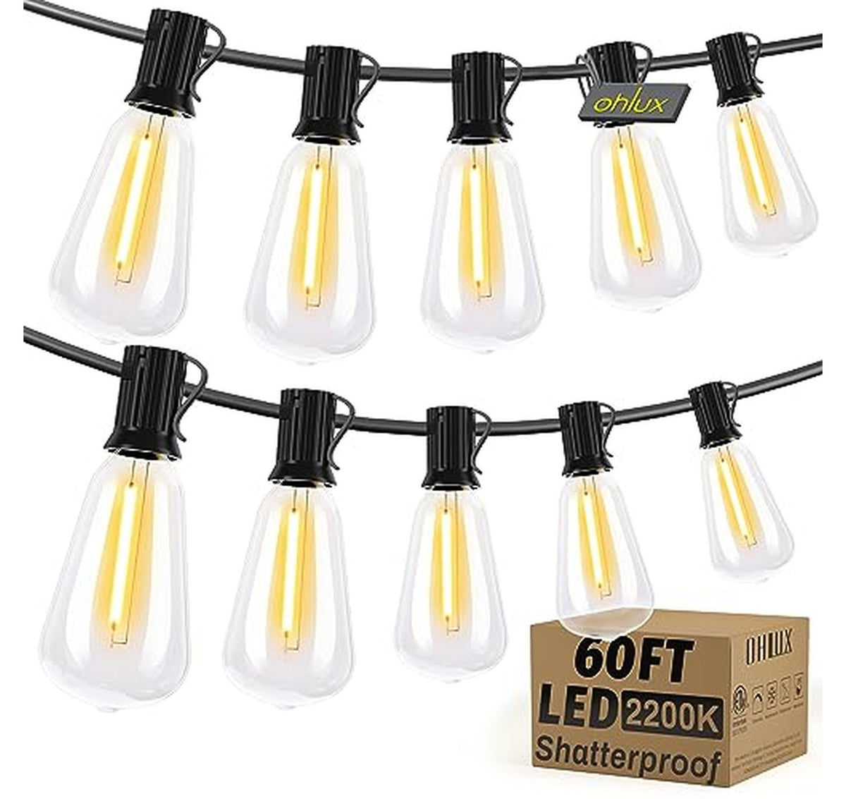 60FT Dimmable LED Outdoor String Lights