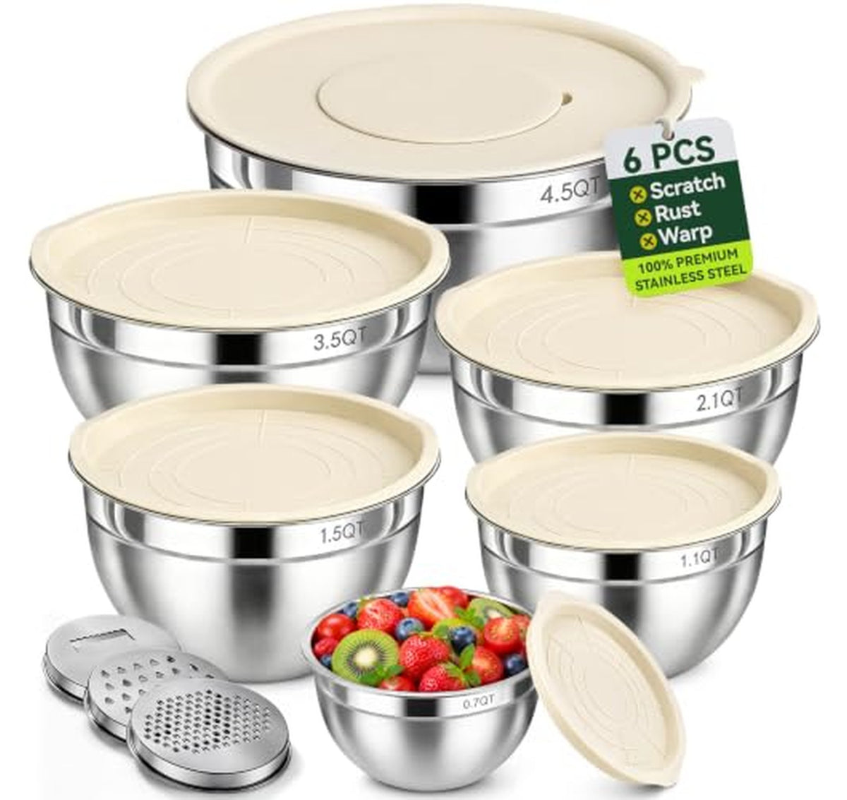 6 Piece Stainless Steel Mixing Bowls with Lids