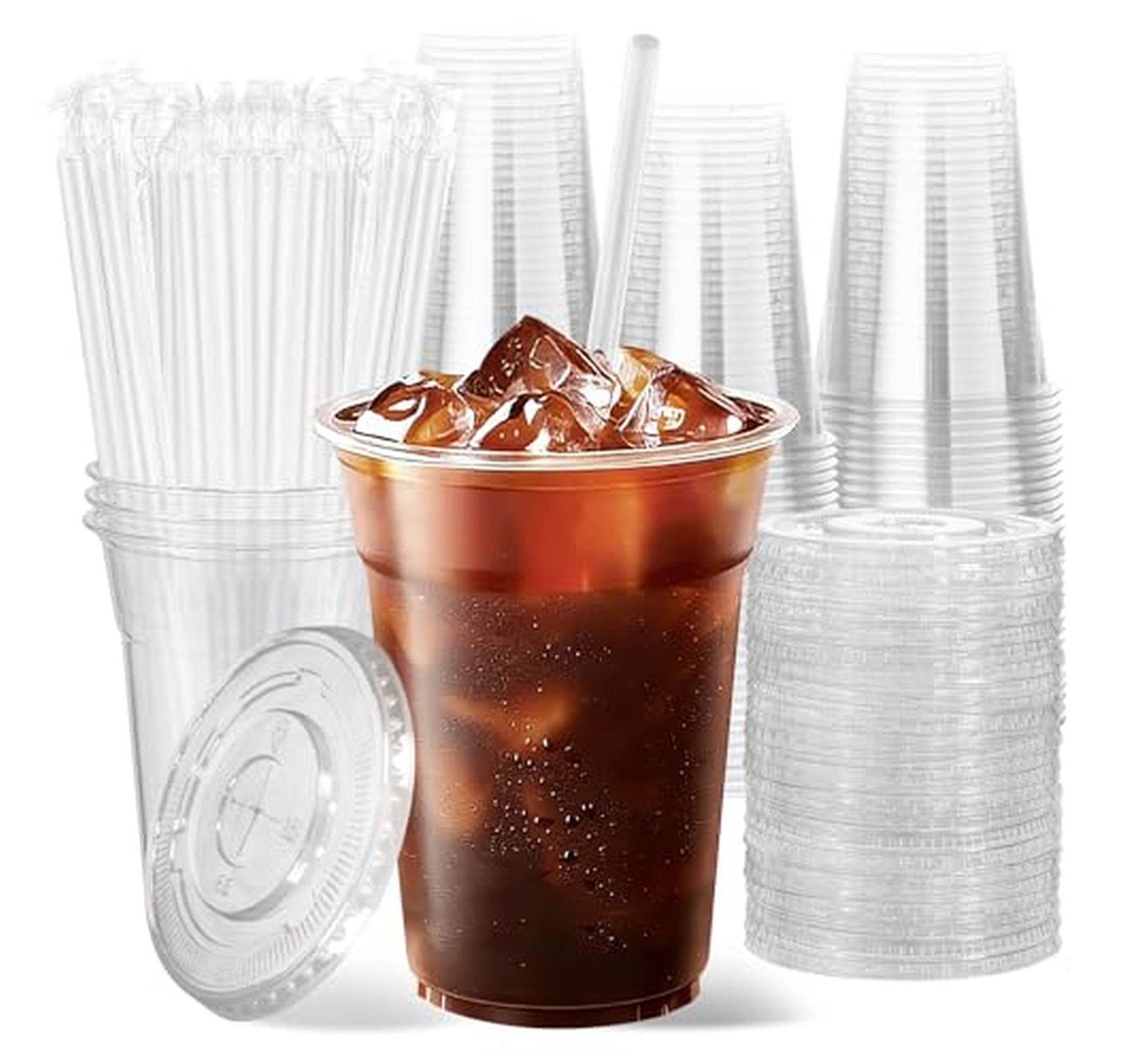 100 Pack 16oz Plastic Cups with Lids and Straws
