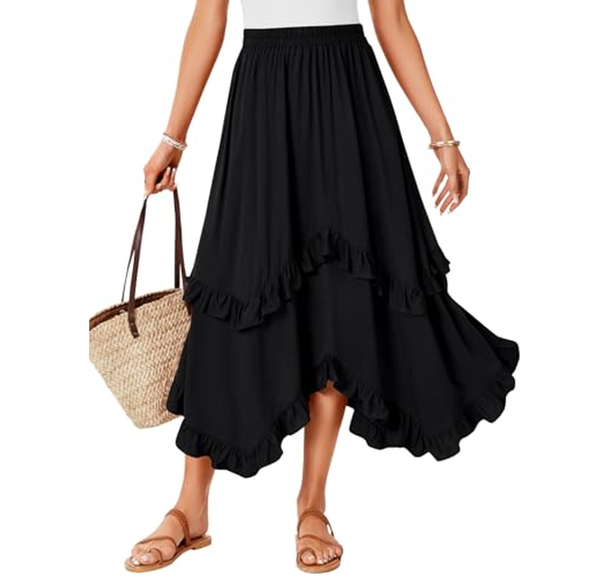 High Waisted Tiered Ruffle Boho Maxi Skirt