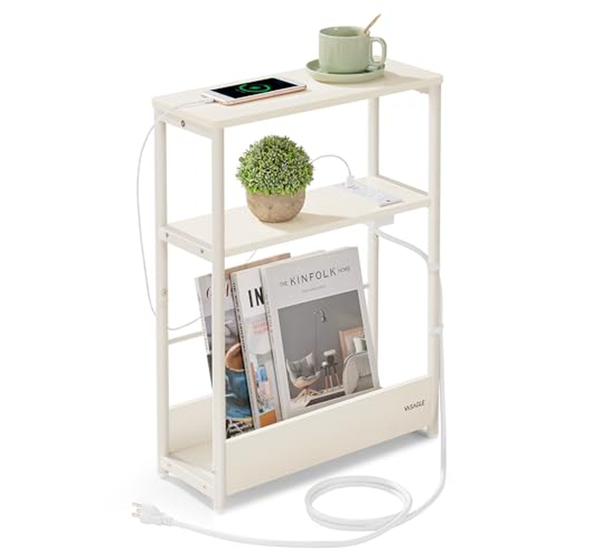 Side Table with Charging Station and Storage Shelves