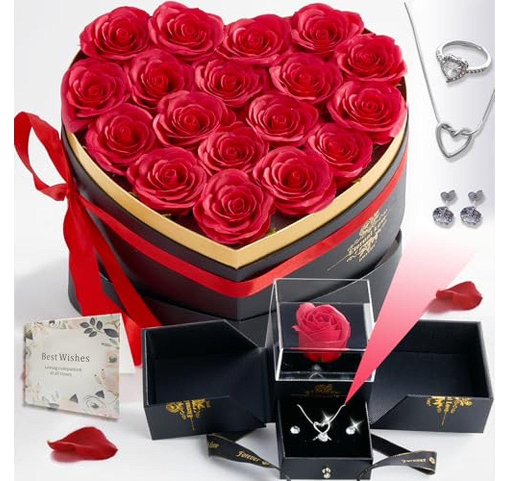Preserved Rose Flower Box with Necklace Ring Earrings