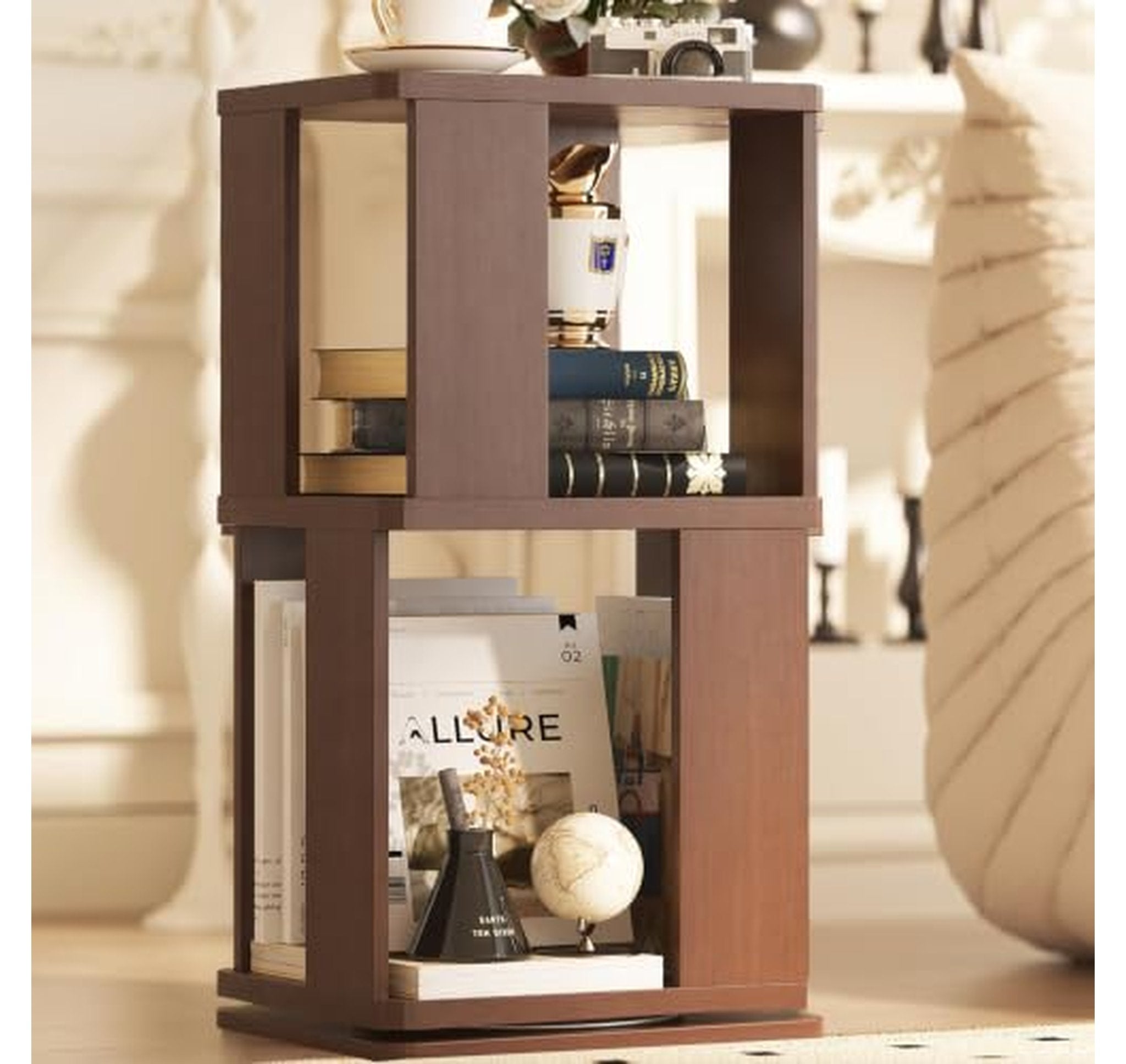 Rotating 2-Tier Solid Wood Bookshelf Organizer