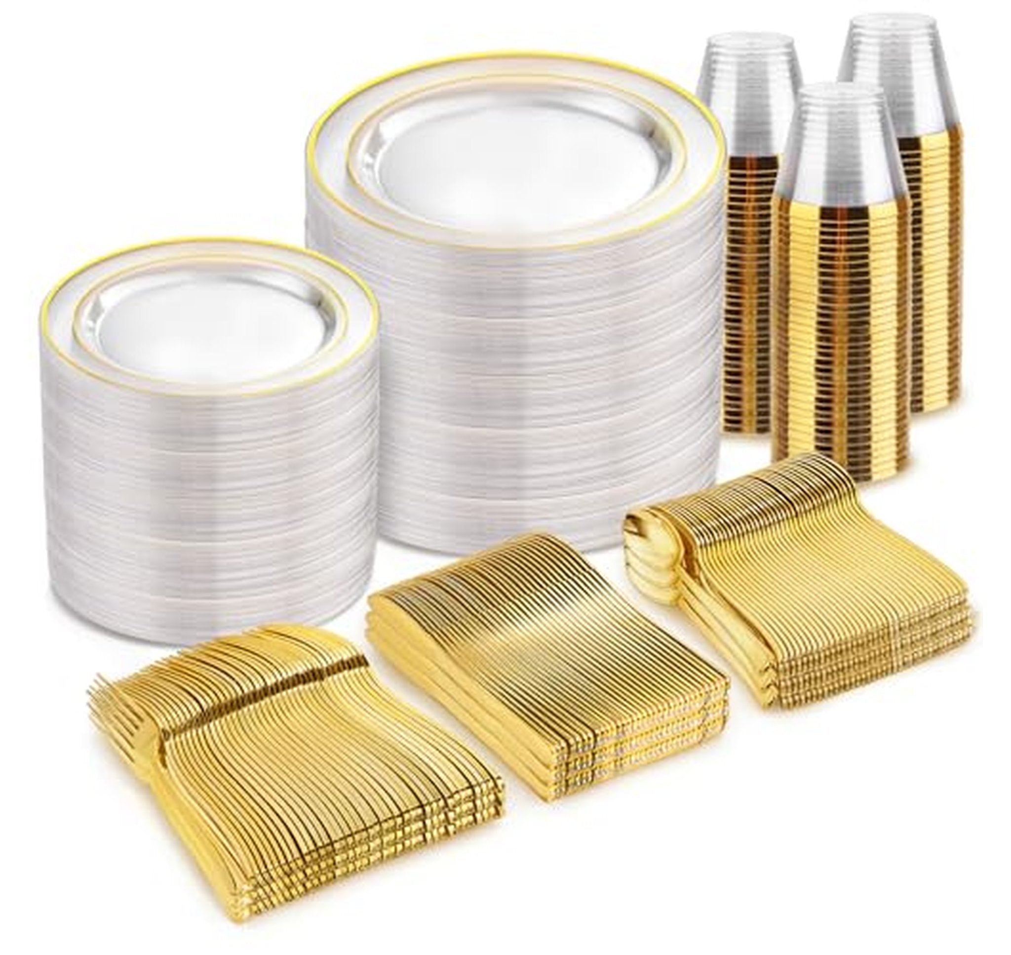 600 Piece Gold Trim Disposable Dinnerware Set