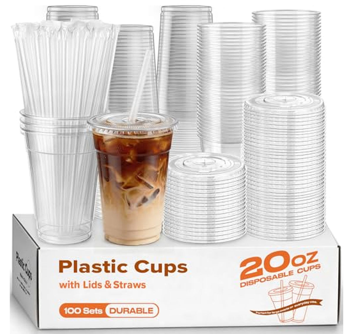 100 Pack 20oz Plastic Cups with Lids and Straws