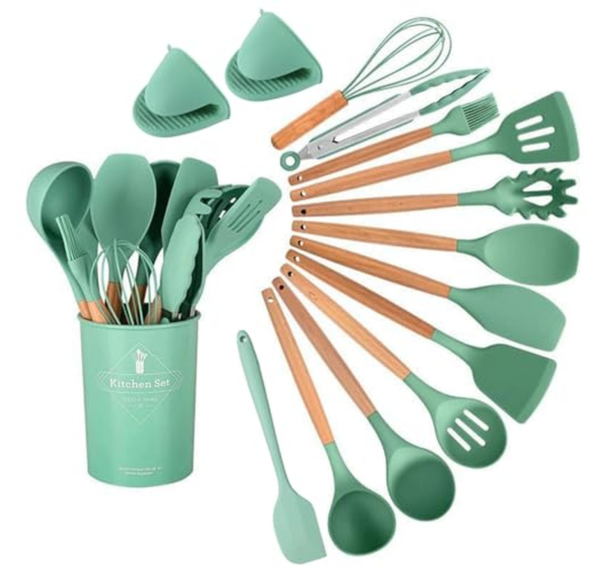15-Piece Silicone Wooden Handle Kitchen Utensils Set, Cooking Tools with Holder, Kitchen Gadgets for Non-Stick Cookware