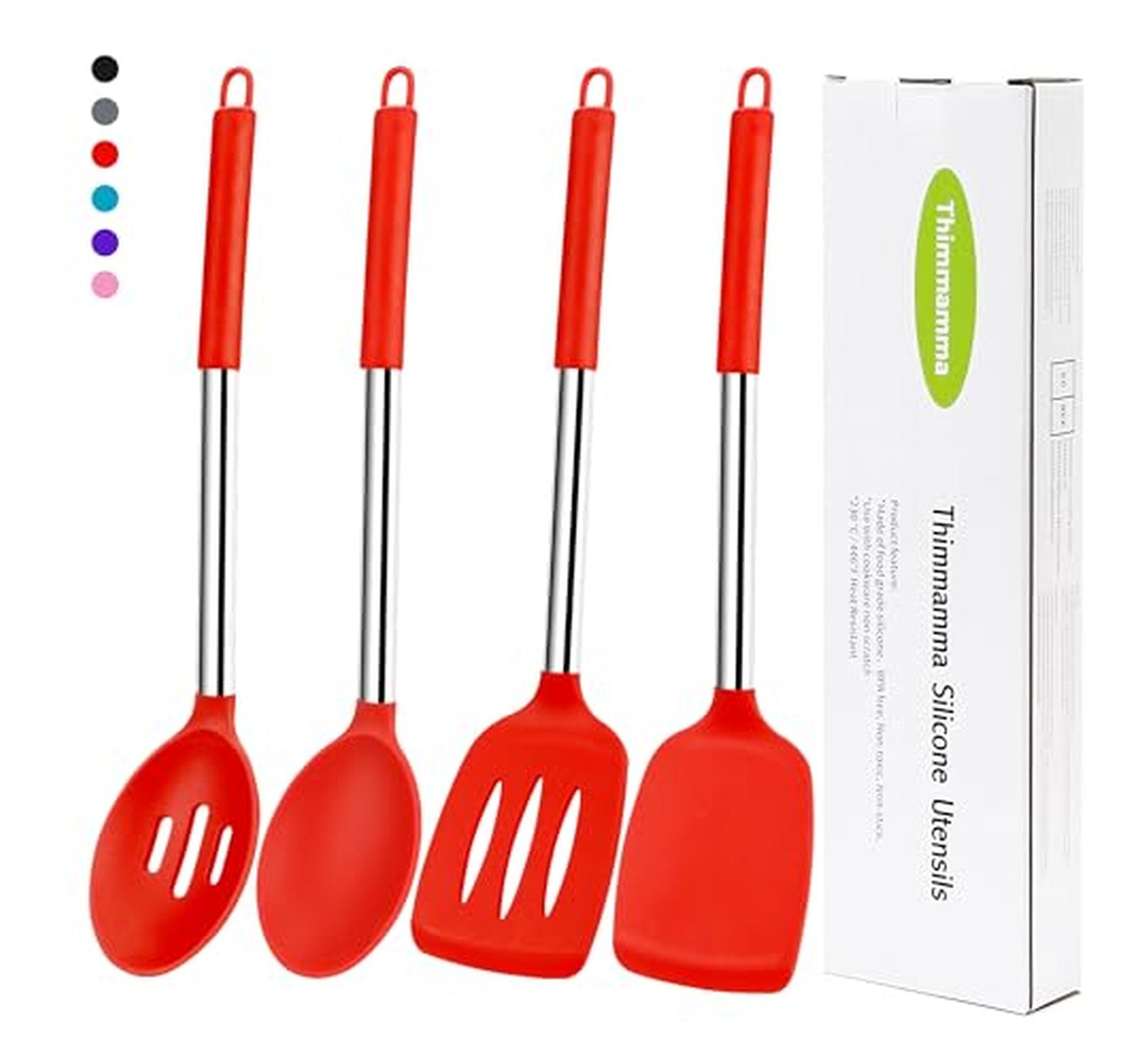 4 Pack Silicone Spatula Spoon Set with Steel Handles