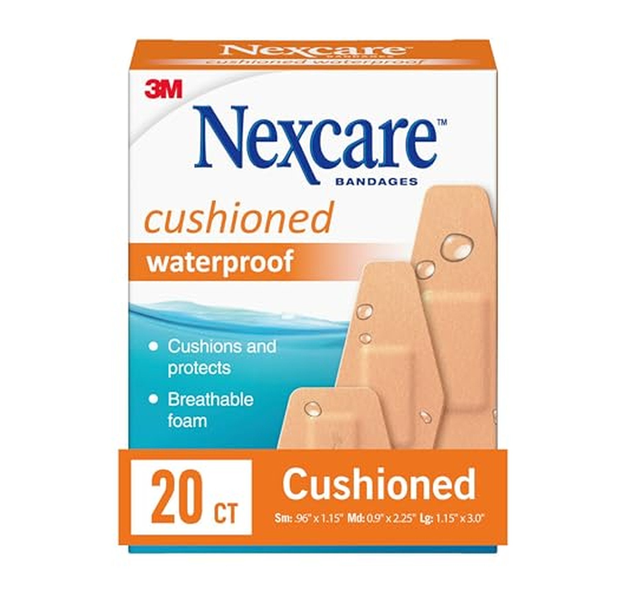 20 Count Nexcare Waterproof Cushioned Bandages Assorted Sizes