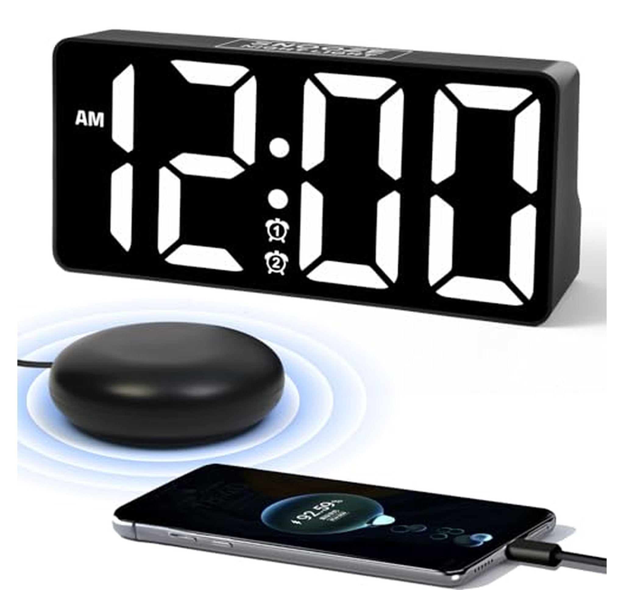 Dual Alarm Clock with Bed Shaker and USB Charging