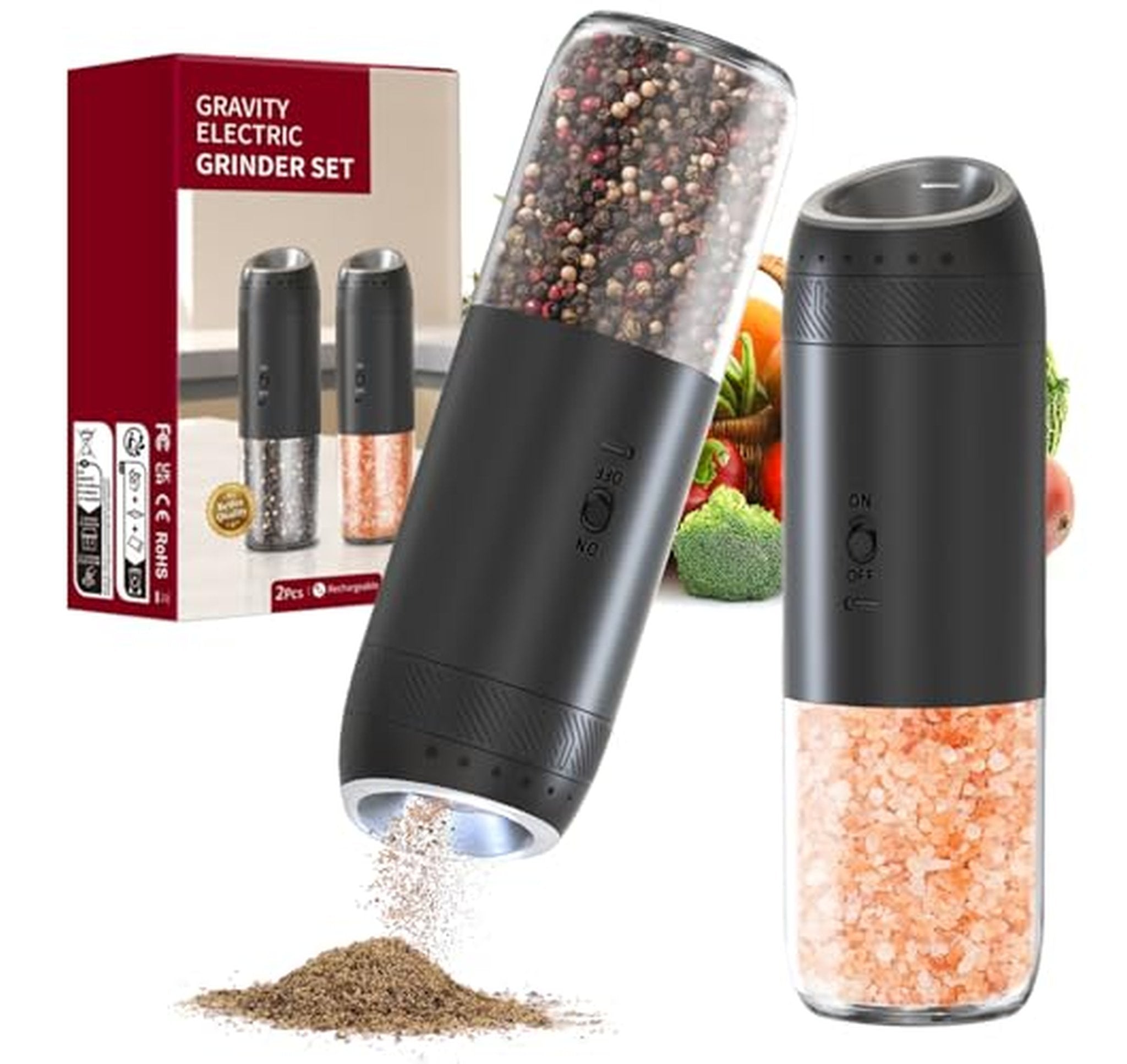 2 Pack Rechargeable Gravity Electric Salt and Pepper Grinders