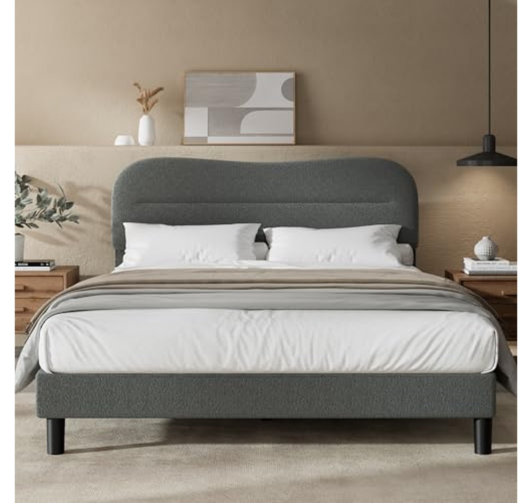 Queen Upholstered Bed Frame with Soft Boucle Headboard