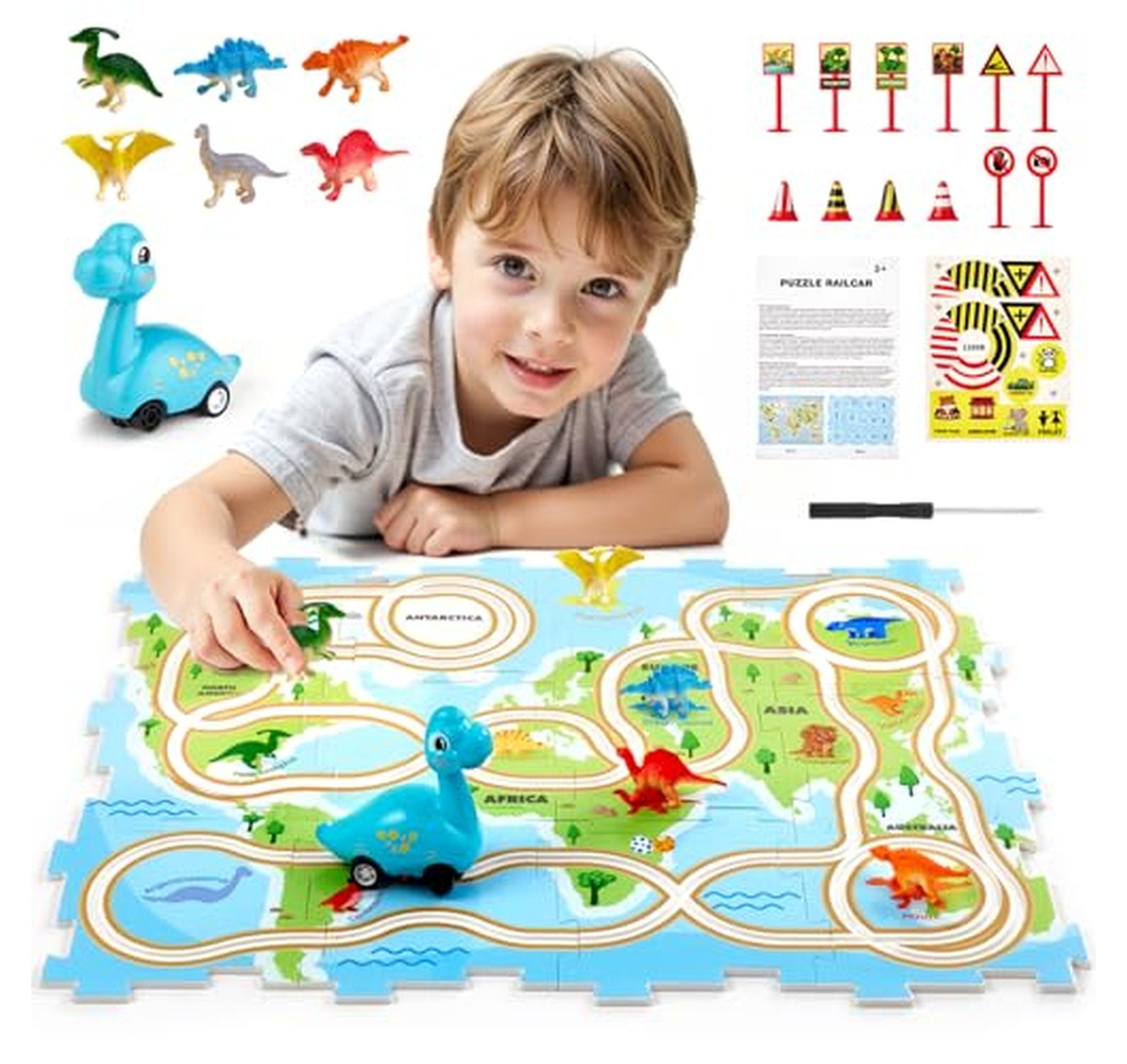 STEM Dinosaur Race Track World Map Puzzle Set